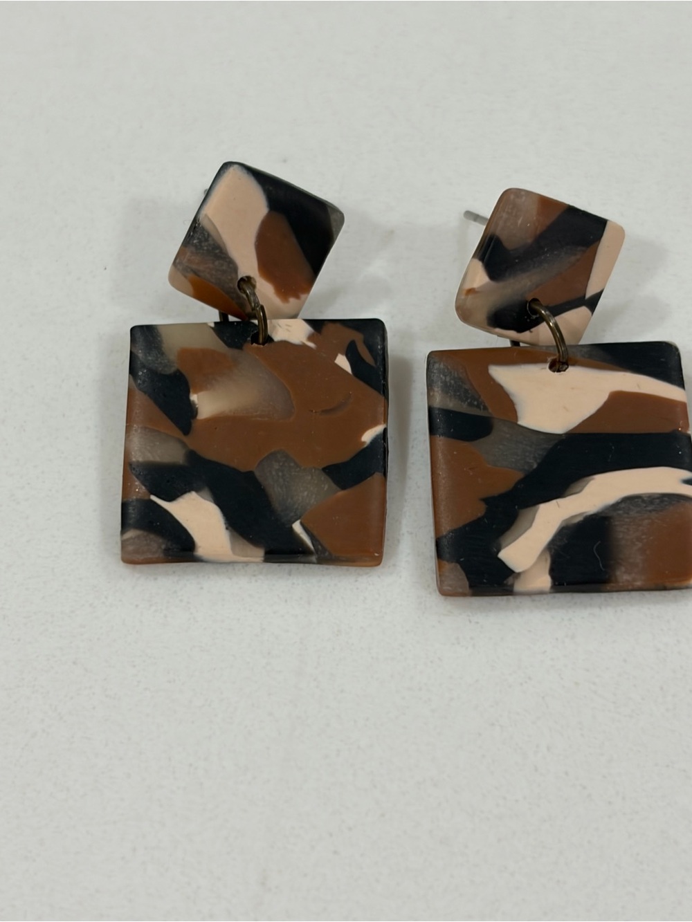 Brown Black Cream Square Dangle Earrings